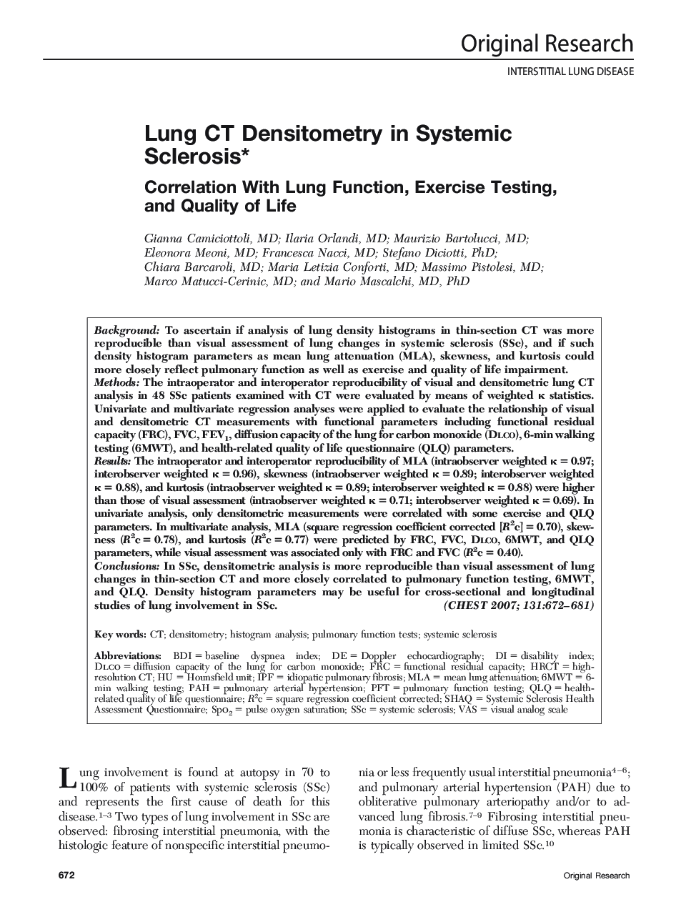 Lung CT Densitometry in Systemic Sclerosis : Correlation With Lung Function, Exercise Testing, and Quality of Life