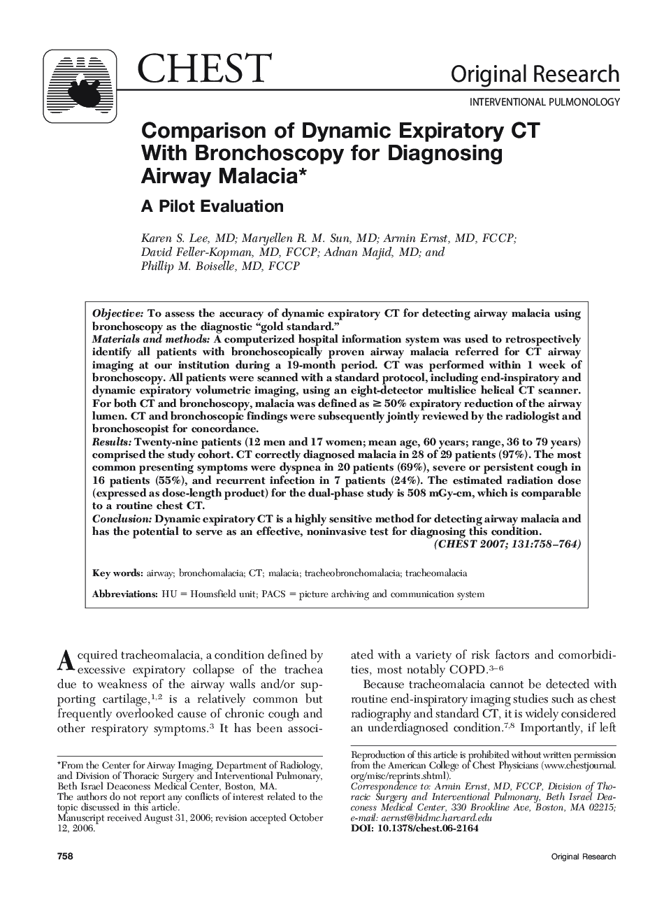 Comparison of Dynamic Expiratory CT With Bronchoscopy for Diagnosing Airway Malacia : A Pilot Evaluation