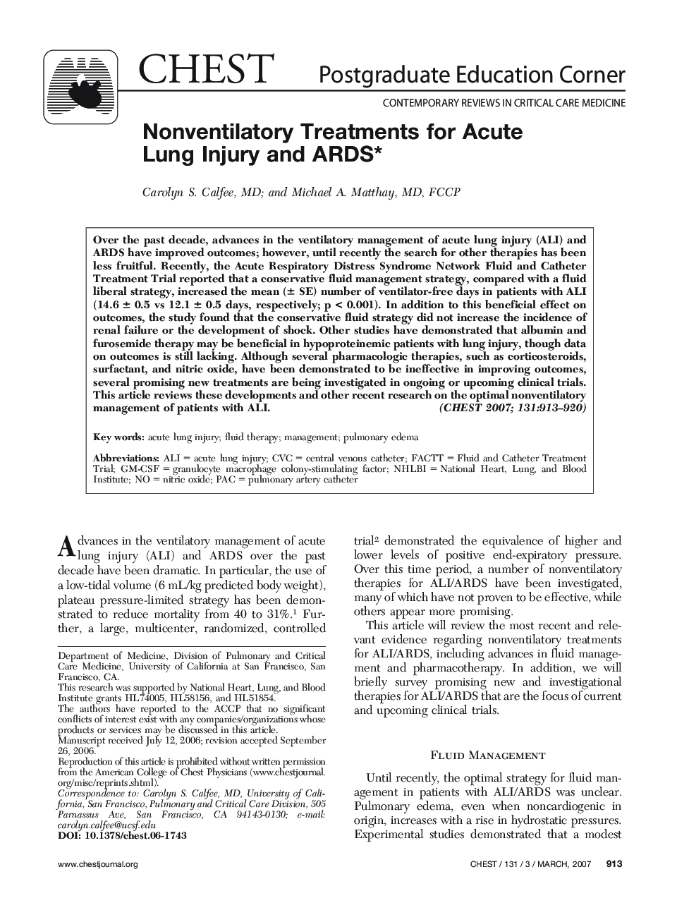 Nonventilatory Treatments for Acute Lung Injury and ARDS 
