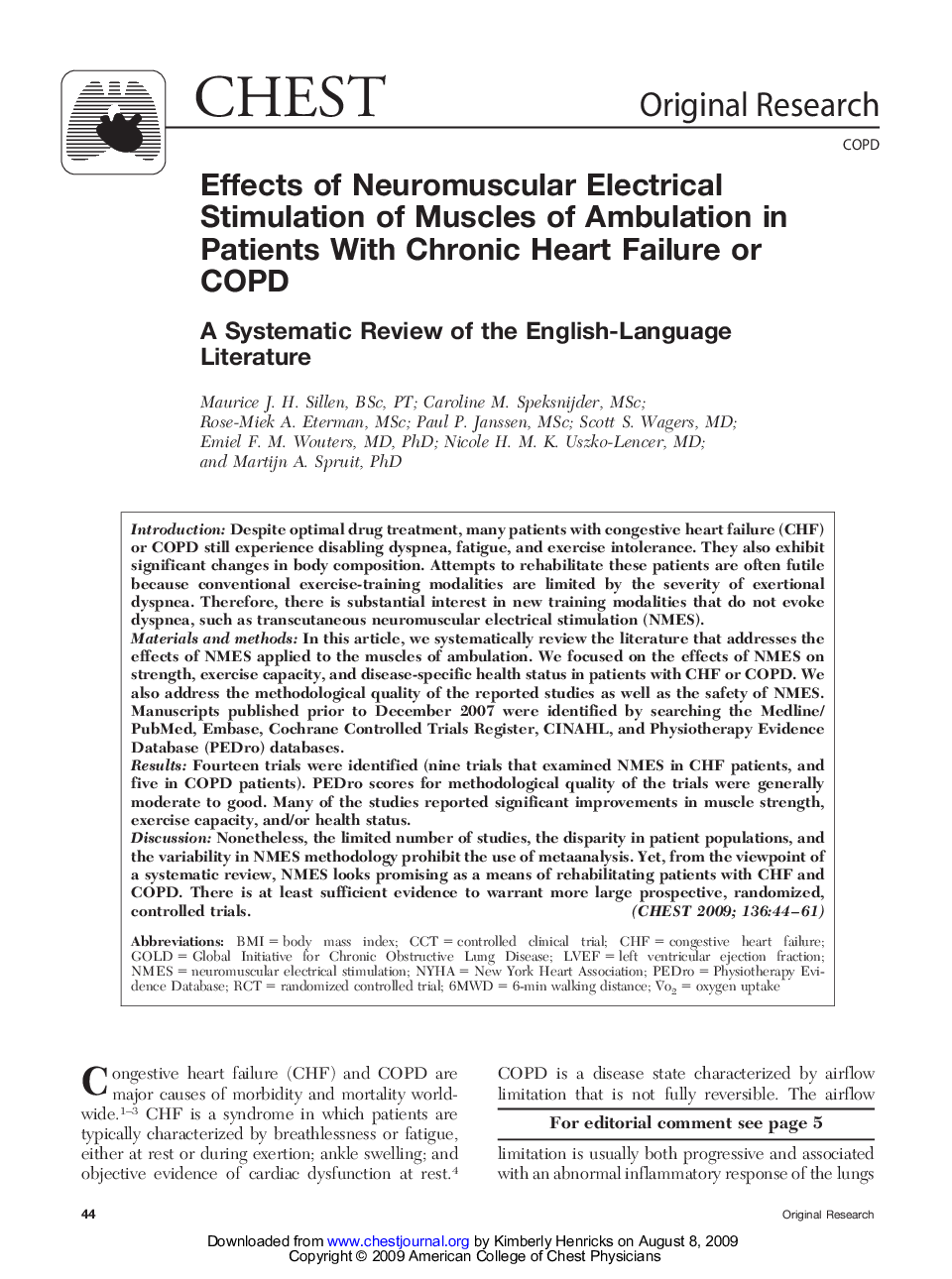 Effects of Neuromuscular Electrical Stimulation of Muscles of Ambulation in Patients With Chronic Heart Failure or COPD : A Systematic Review of the English-Language Literature