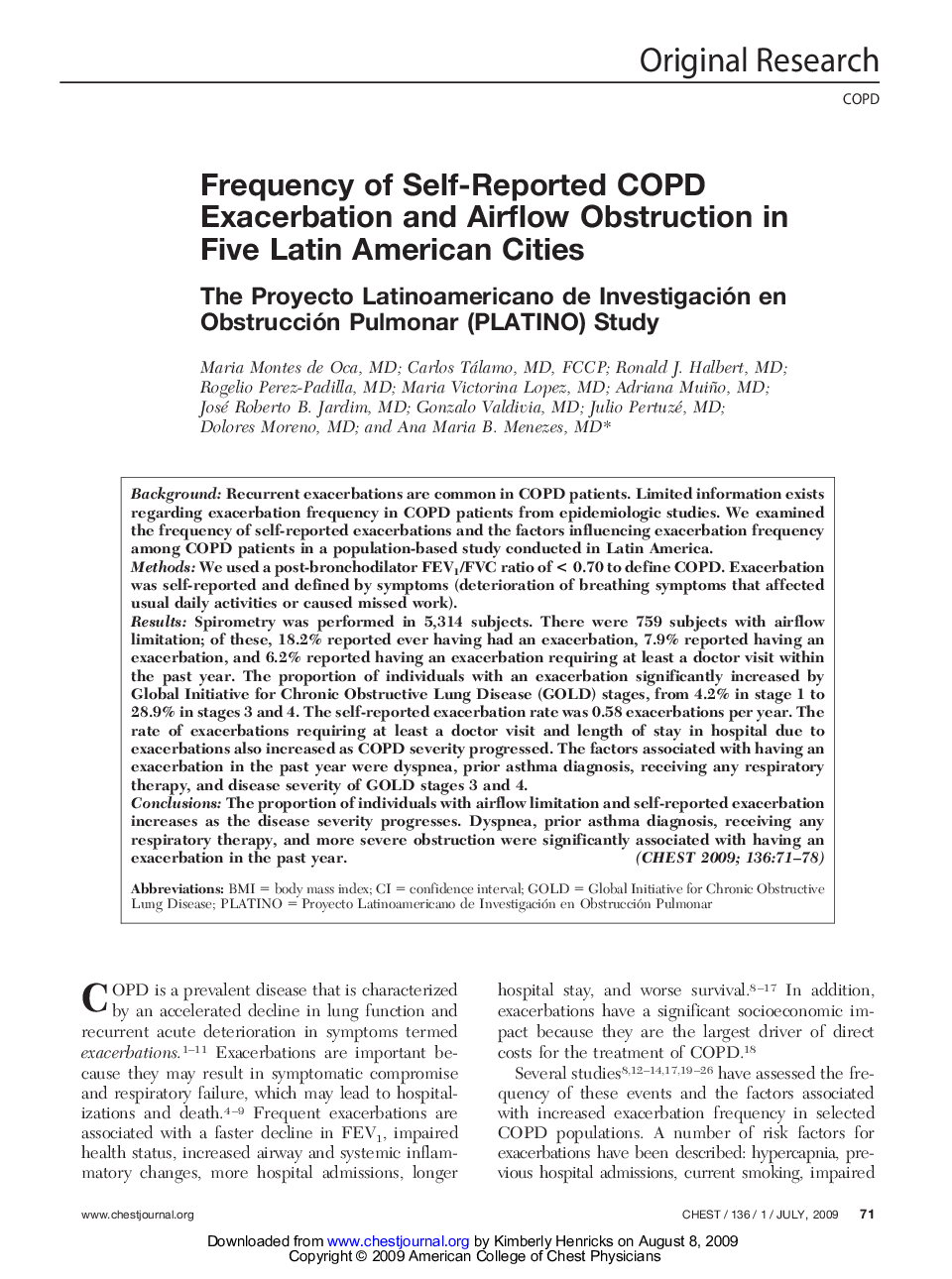 Frequency of Self-Reported COPD Exacerbation and Airflow Obstruction in Five Latin American Cities : The Proyecto Latinoamericano de Investigación en Obstrucción Pulmonar (PLATINO) Study