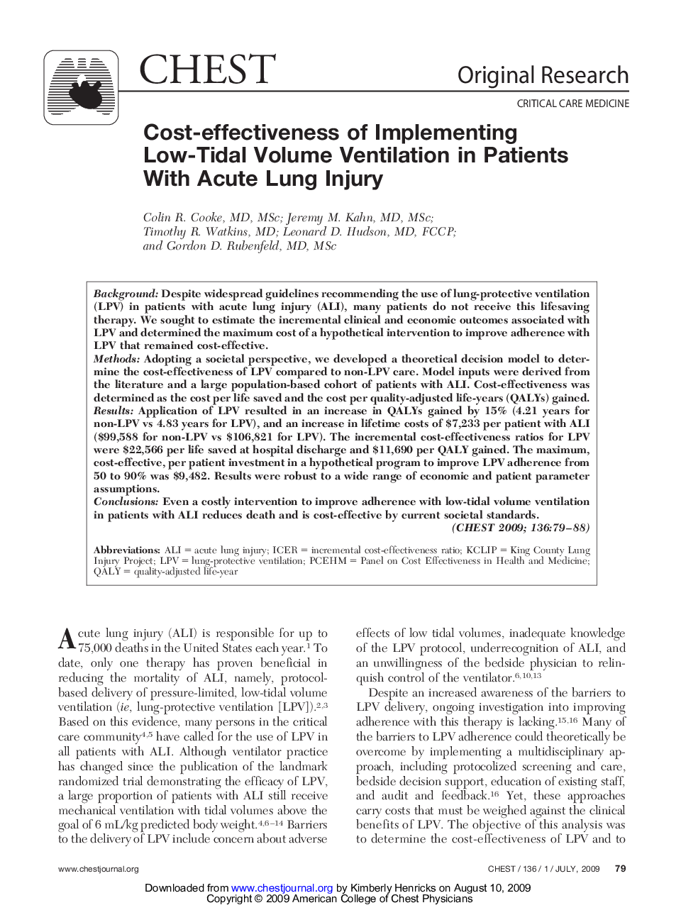 Cost-effectiveness of Implementing Low-Tidal Volume Ventilation in Patients With Acute Lung Injury 