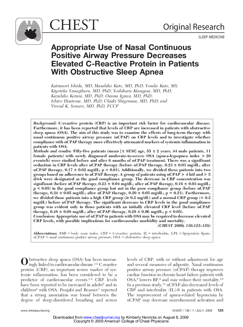 Appropriate Use of Nasal Continuous Positive Airway Pressure Decreases Elevated C-Reactive Protein in Patients With Obstructive Sleep Apnea 