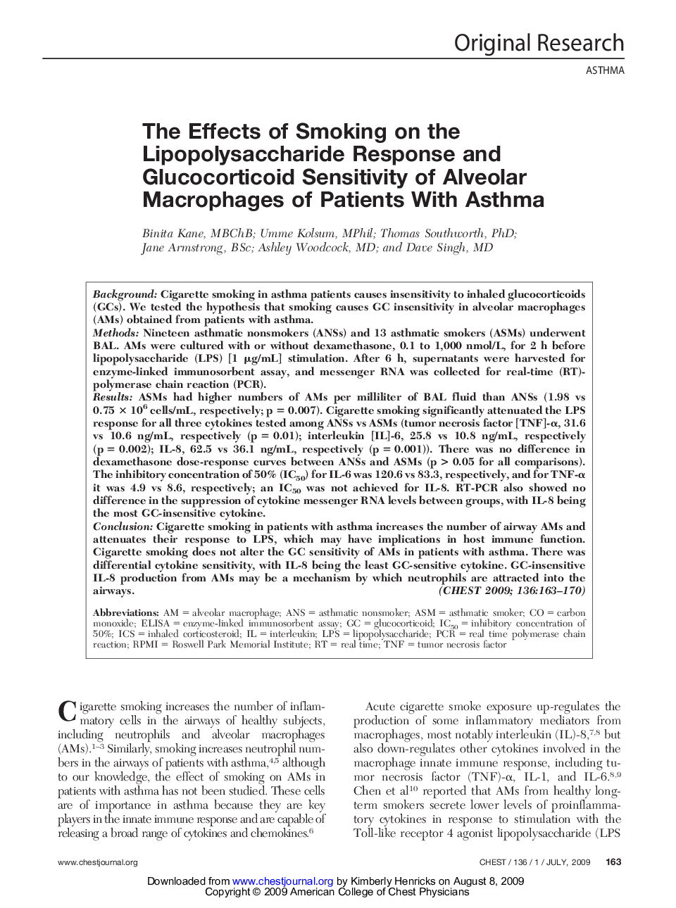 The Effects of Smoking on the Lipopolysaccharide Response and Glucocorticoid Sensitivity of Alveolar Macrophages of Patients With Asthma 