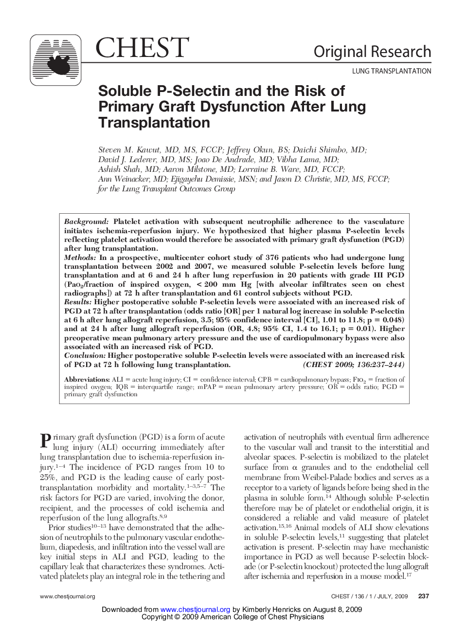 Soluble P-Selectin and the Risk of Primary Graft Dysfunction After Lung Transplantation