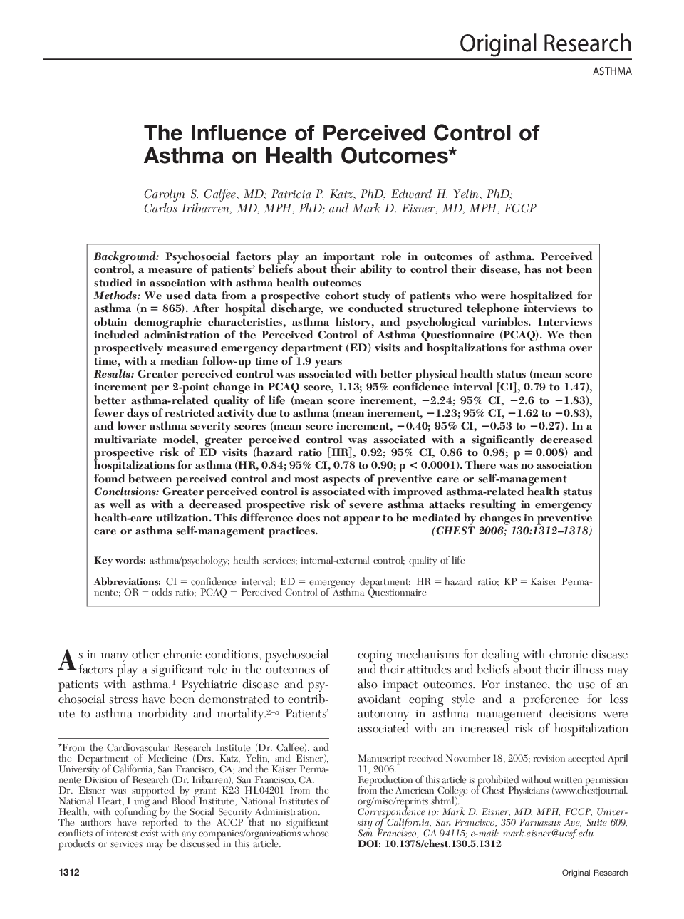 The Influence of Perceived Control of Asthma on Health Outcomes 