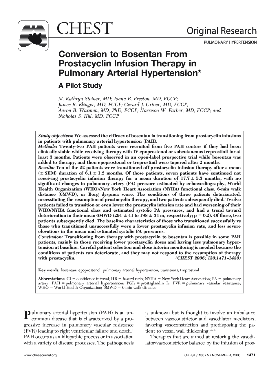 Conversion to Bosentan From Prostacyclin Infusion Therapy in Pulmonary Arterial Hypertension : A Pilot Study