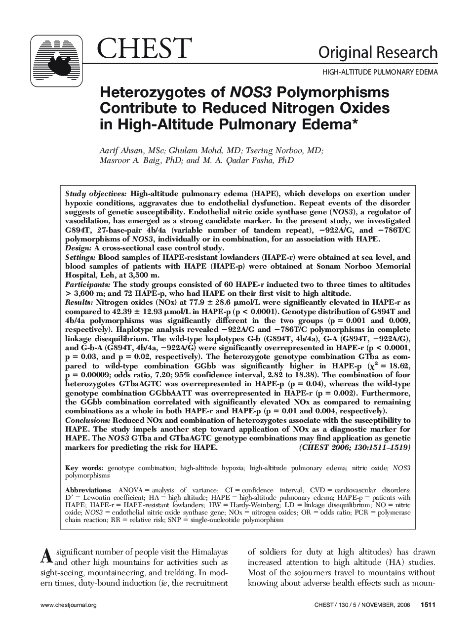 Heterozygotes of NOS3 Polymorphisms Contribute to Reduced Nitrogen Oxides in High-Altitude Pulmonary Edema 