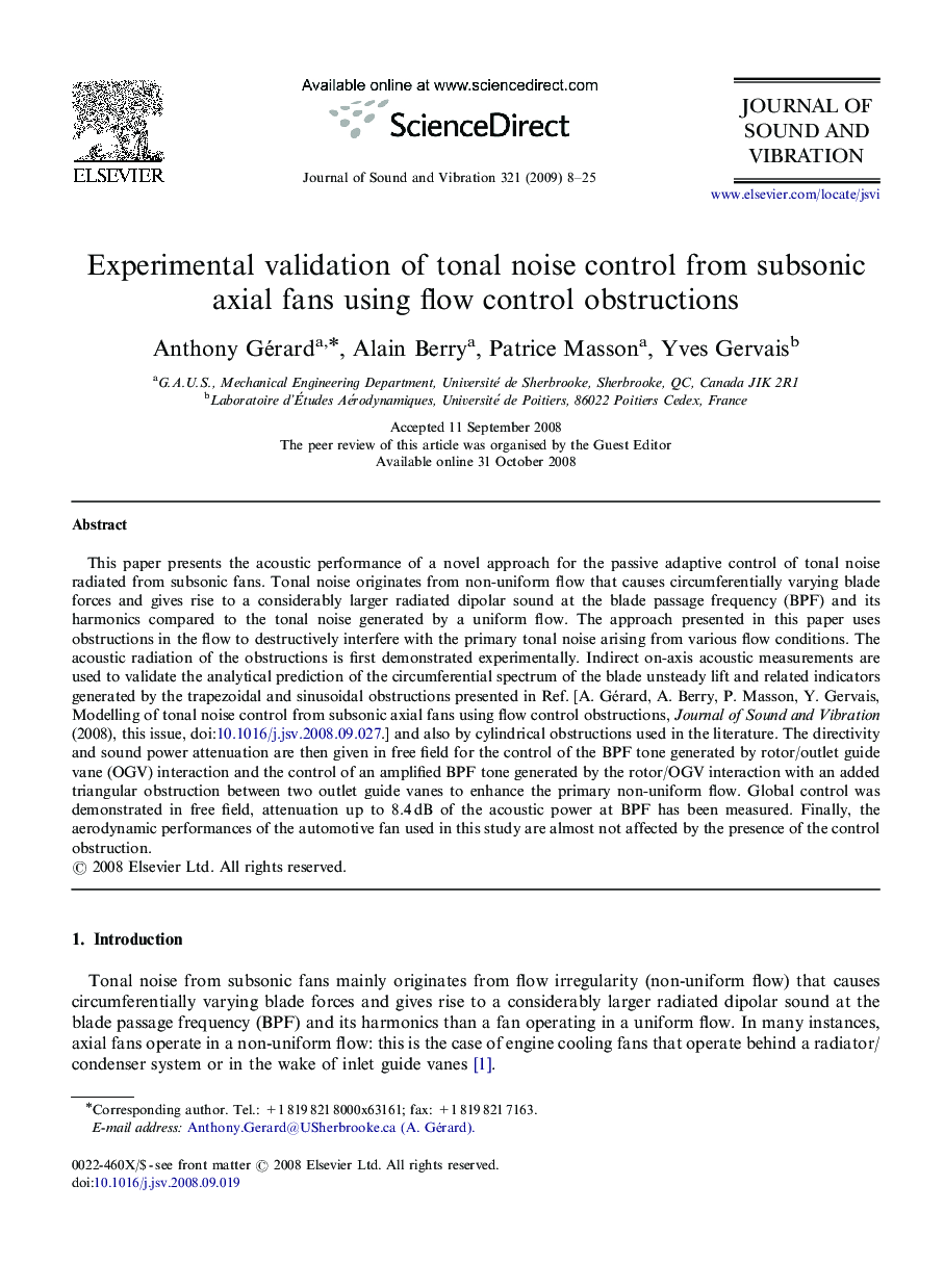 Experimental validation of tonal noise control from subsonic axial fans using flow control obstructions
