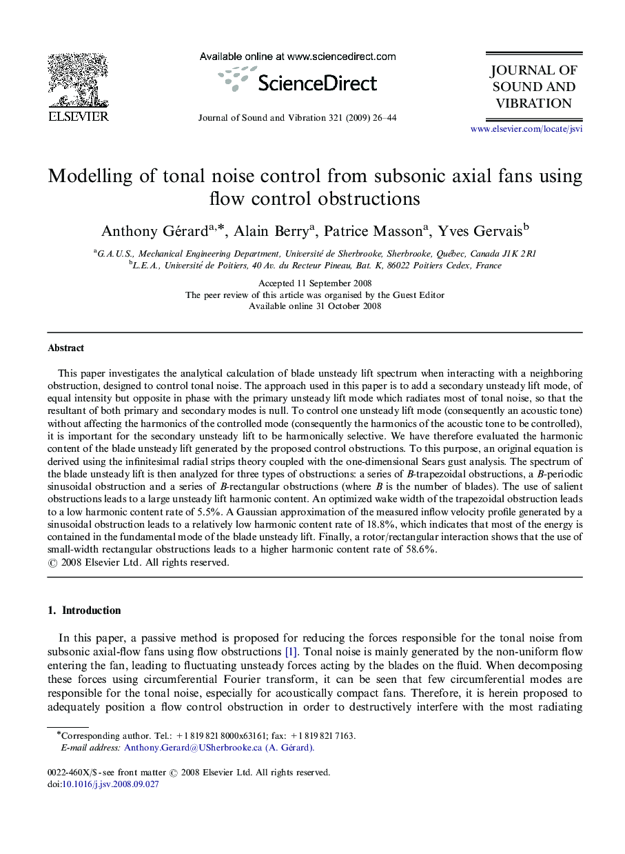 Modelling of tonal noise control from subsonic axial fans using flow control obstructions
