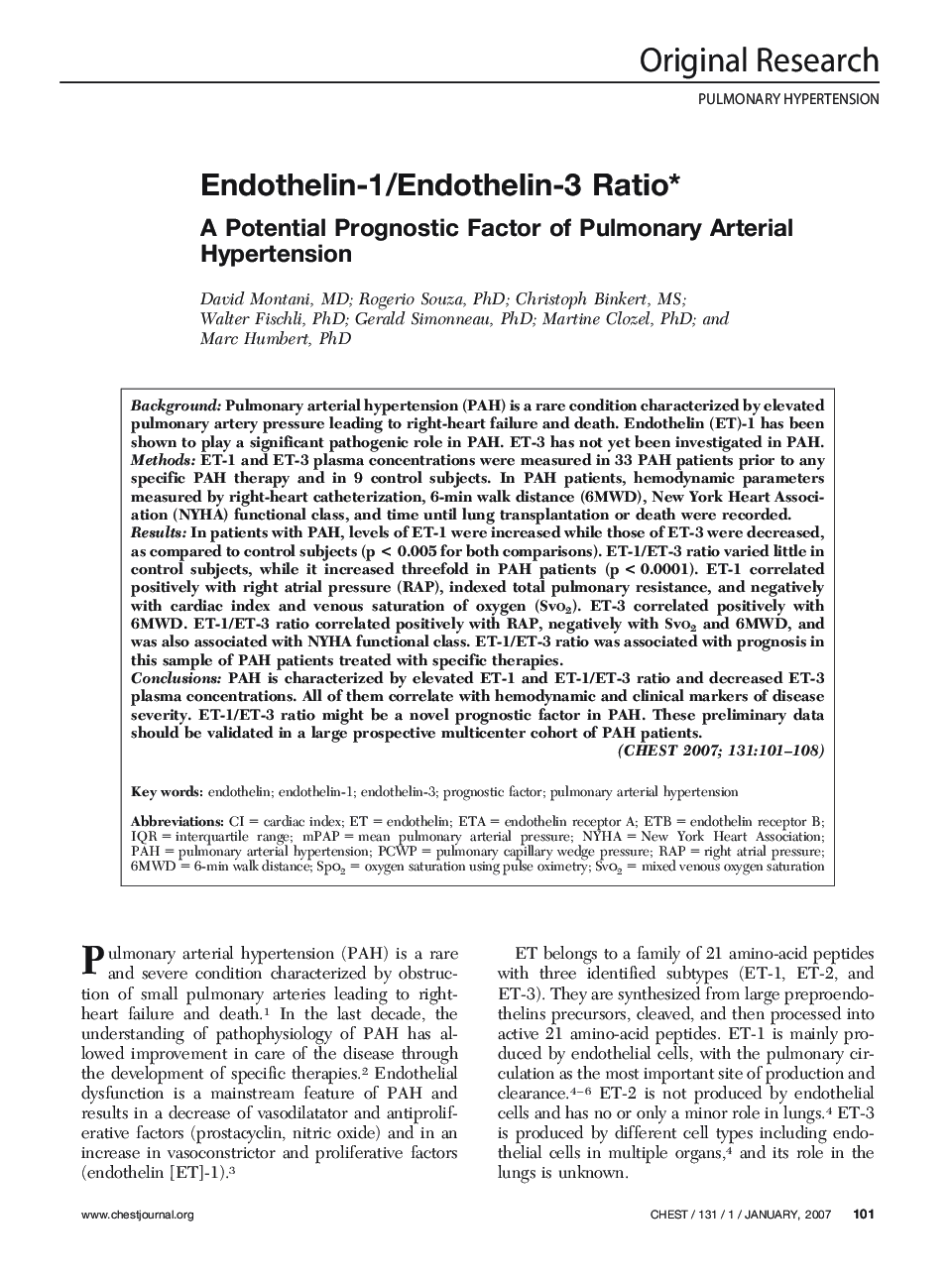 Endothelin-1/Endothelin-3 Ratio : A Potential Prognostic Factor of Pulmonary Arterial Hypertension