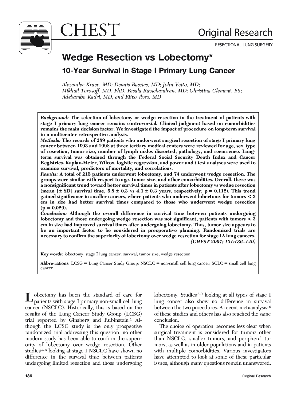 Wedge Resection vs Lobectomy : 10-Year Survival in Stage I Primary Lung Cancer