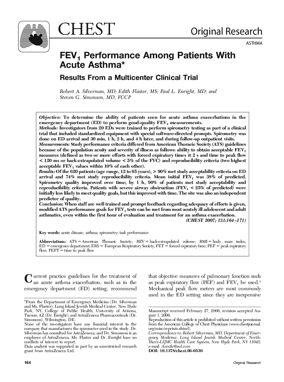 FEV1Performance Among Patients With Acute Asthma : Results From a Multicenter Clinical Trial