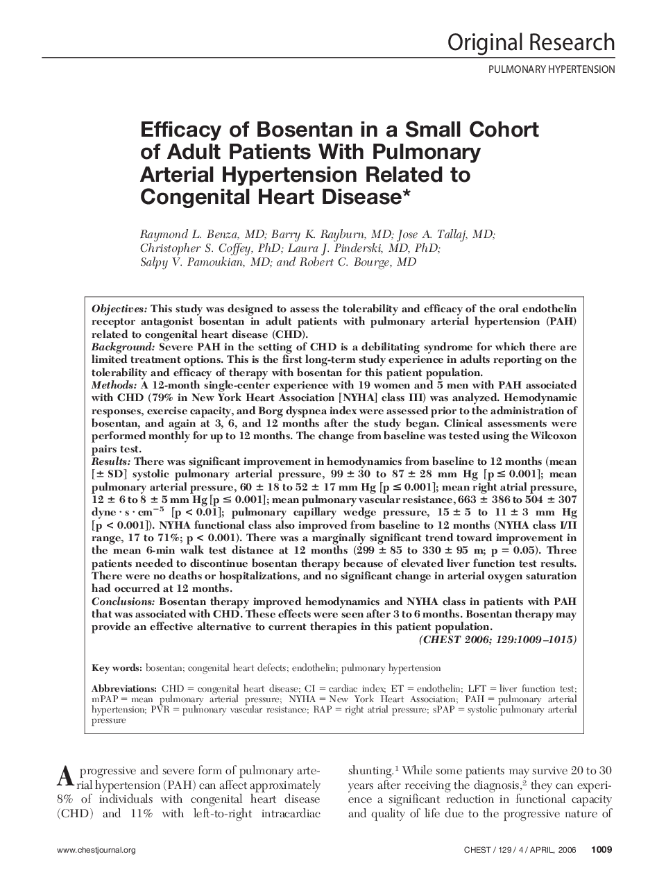 Efficacy of Bosentan in a Small Cohort of Adult Patients With Pulmonary Arterial Hypertension Related to Congenital Heart Disease 