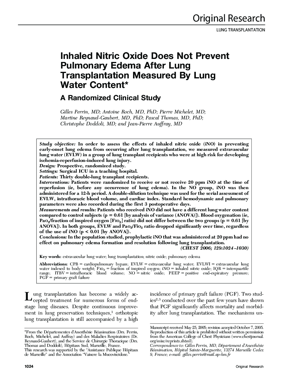 Inhaled Nitric Oxide Does Not Prevent Pulmonary Edema After Lung Transplantation Measured By Lung Water Content : A Randomized Clinical Study