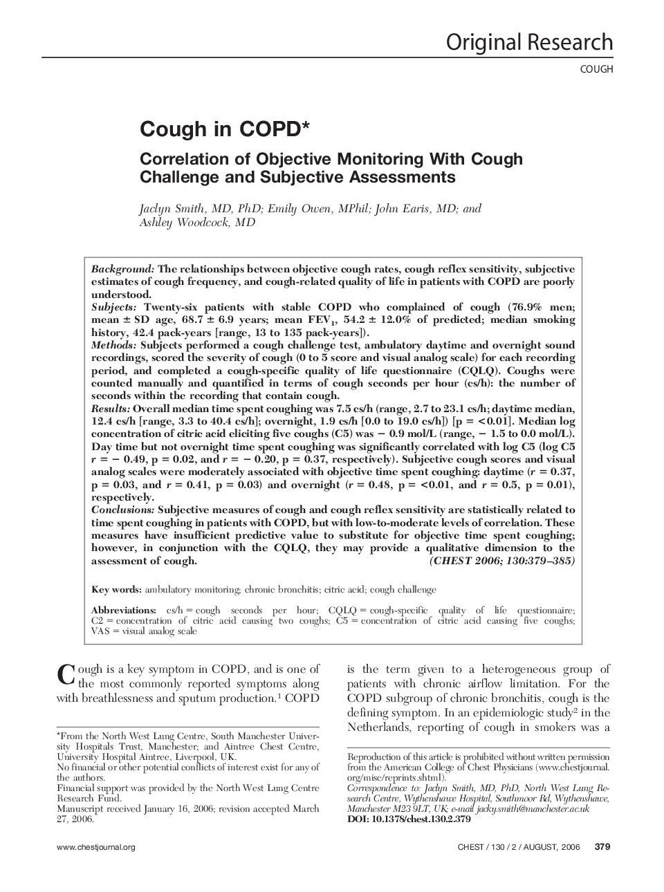 Cough in COPD : Correlation of Objective Monitoring With Cough Challenge and Subjective Assessments