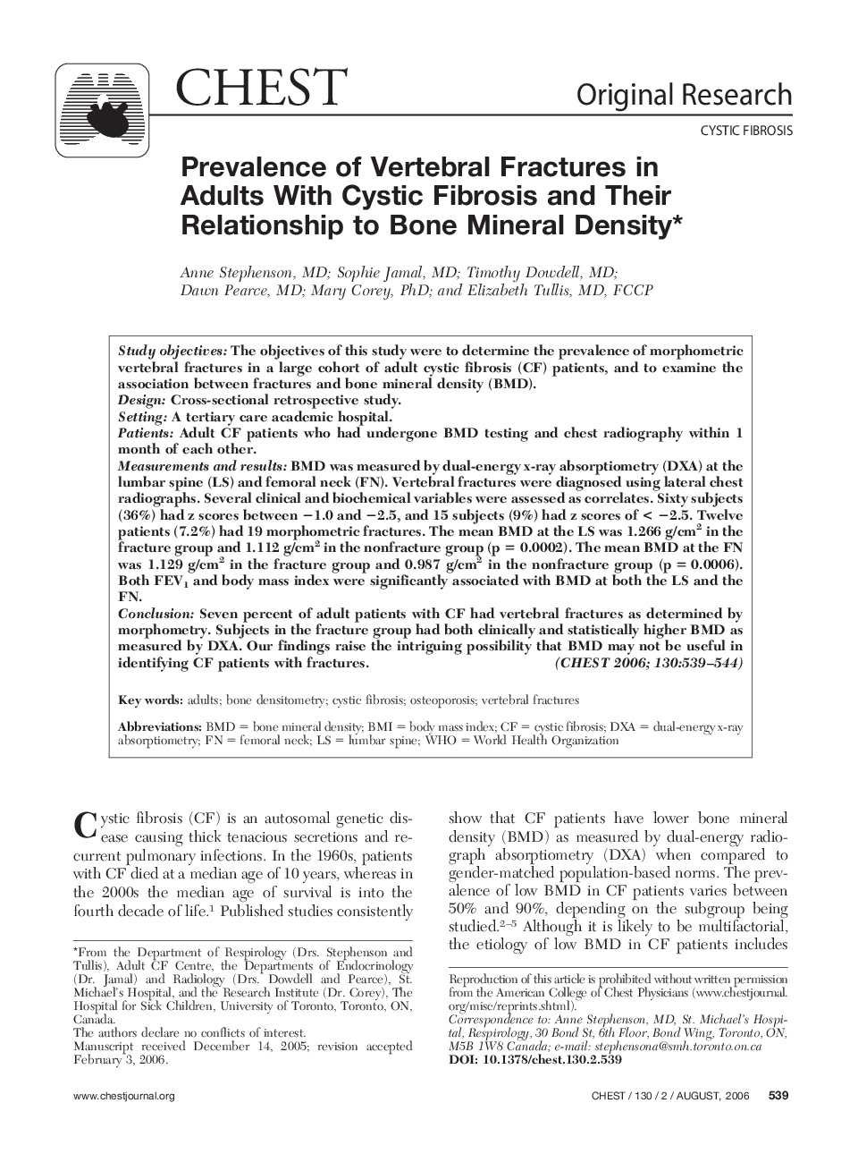 Prevalence of Vertebral Fractures in Adults With Cystic Fibrosis and Their Relationship to Bone Mineral Density 