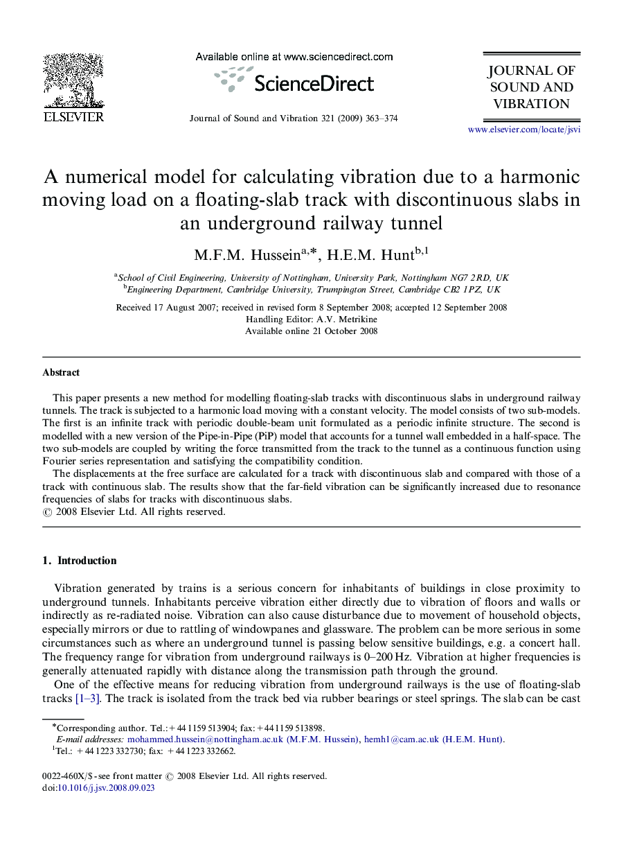 A numerical model for calculating vibration due to a harmonic moving load on a floating-slab track with discontinuous slabs in an underground railway tunnel