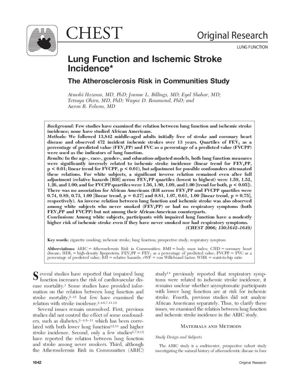 Lung Function and Ischemic Stroke Incidence : The Atherosclerosis Risk in Communities Study