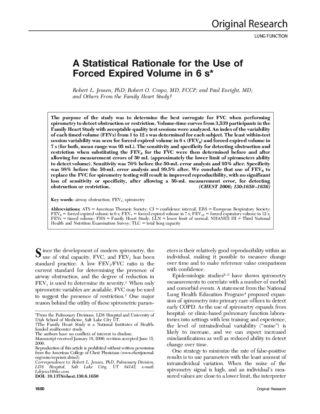 A Statistical Rationale for the Use of Forced Expired Volume in 6 s 