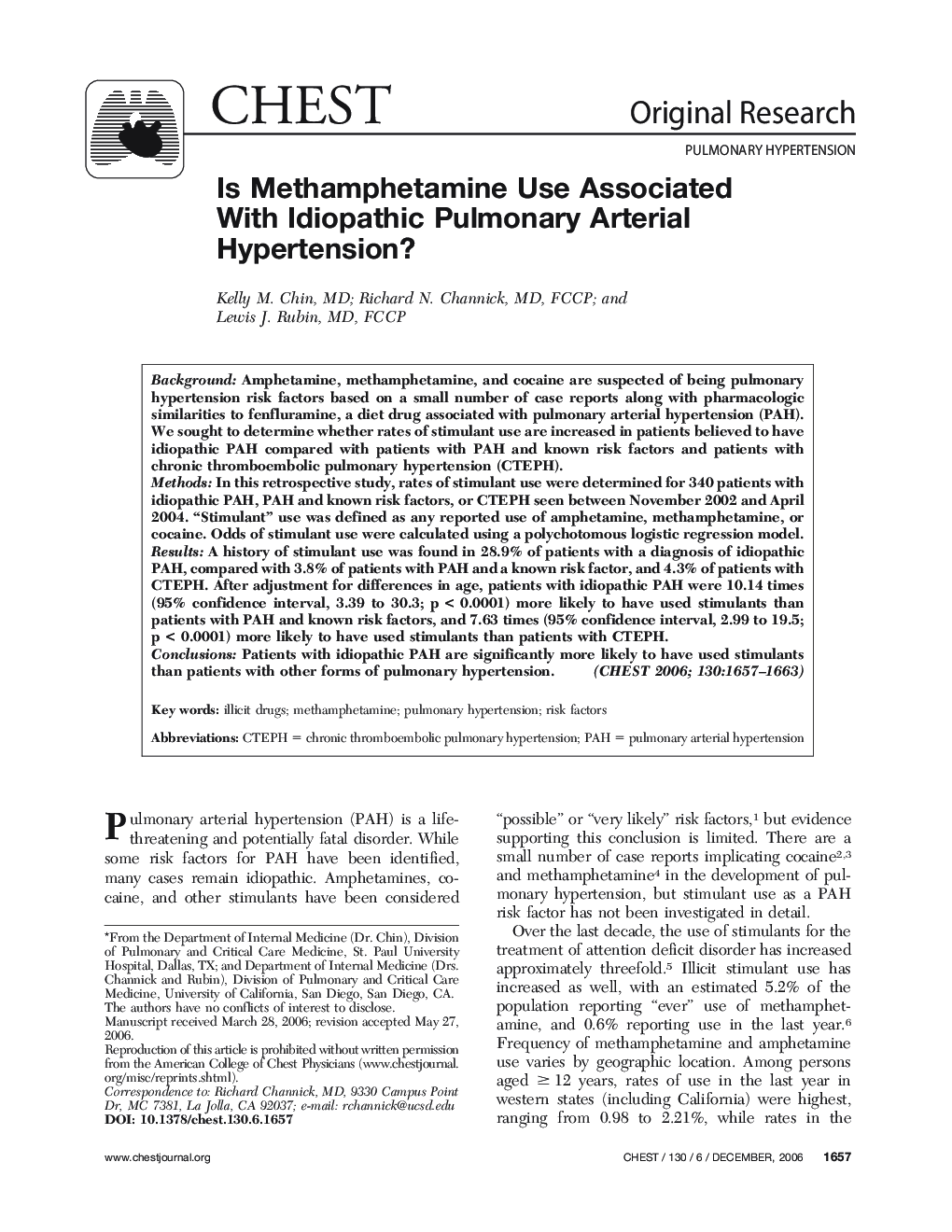 Is Methamphetamine Use Associated With Idiopathic Pulmonary Arterial Hypertension?