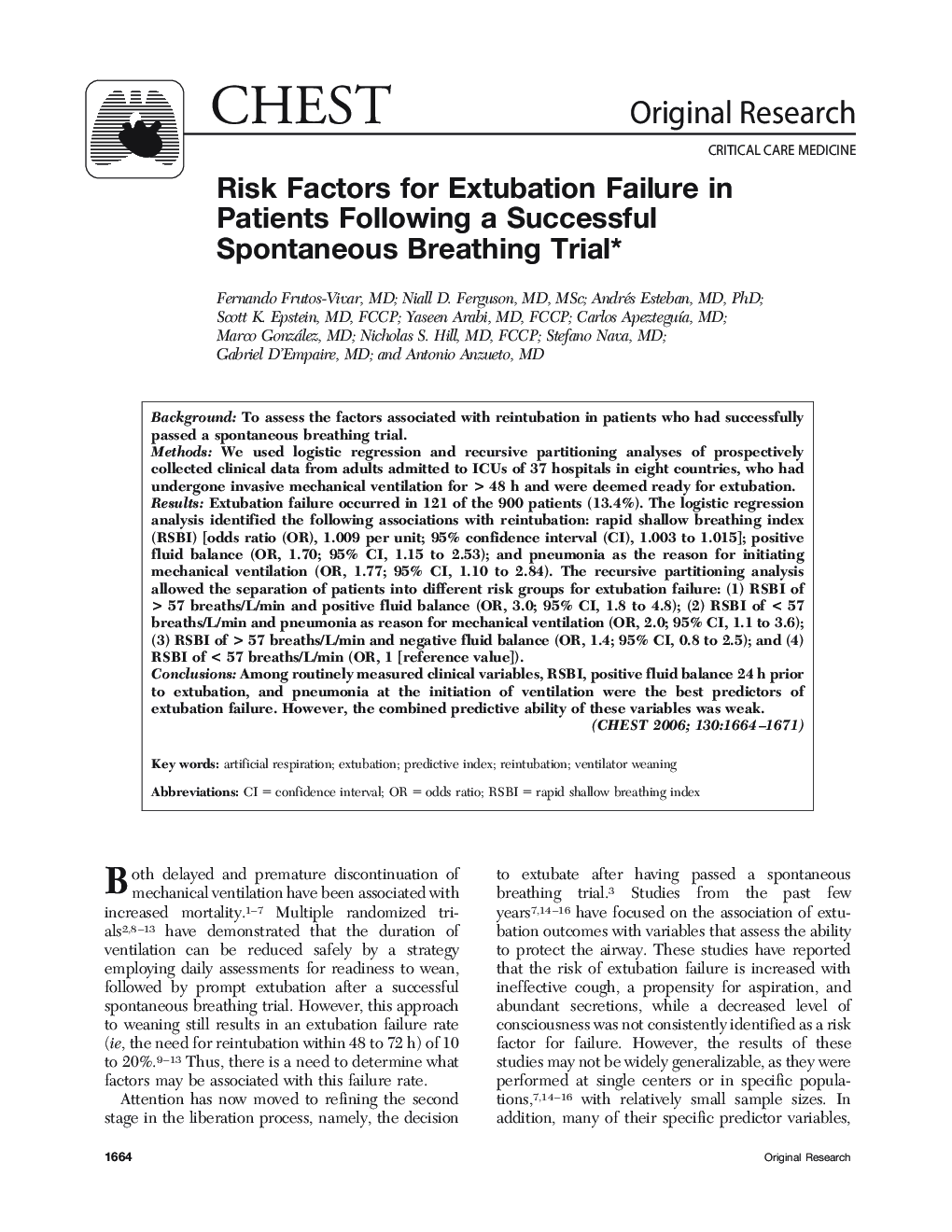 Risk Factors for Extubation Failure in Patients Following a Successful Spontaneous Breathing Trial 