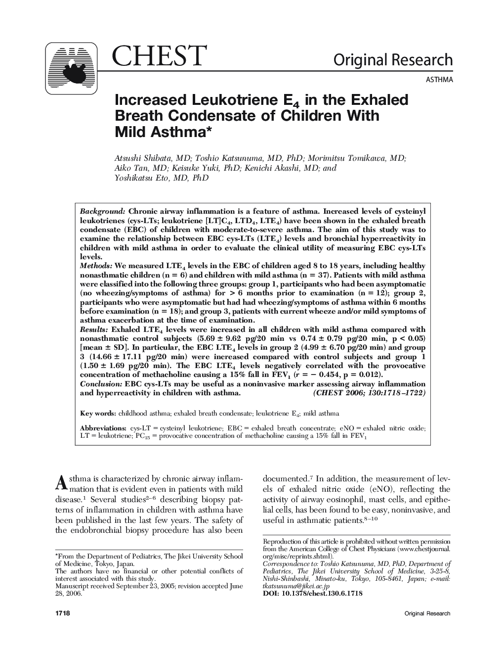 Increased Leukotriene E4 in the Exhaled Breath Condensate of Children With Mild Asthma 