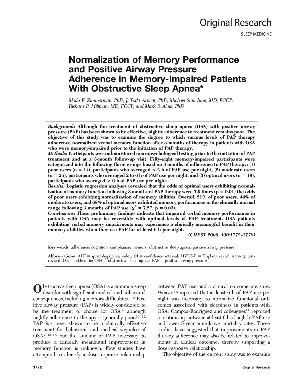 Normalization of Memory Performance and Positive Airway Pressure Adherence in Memory-Impaired Patients With Obstructive Sleep Apnea 