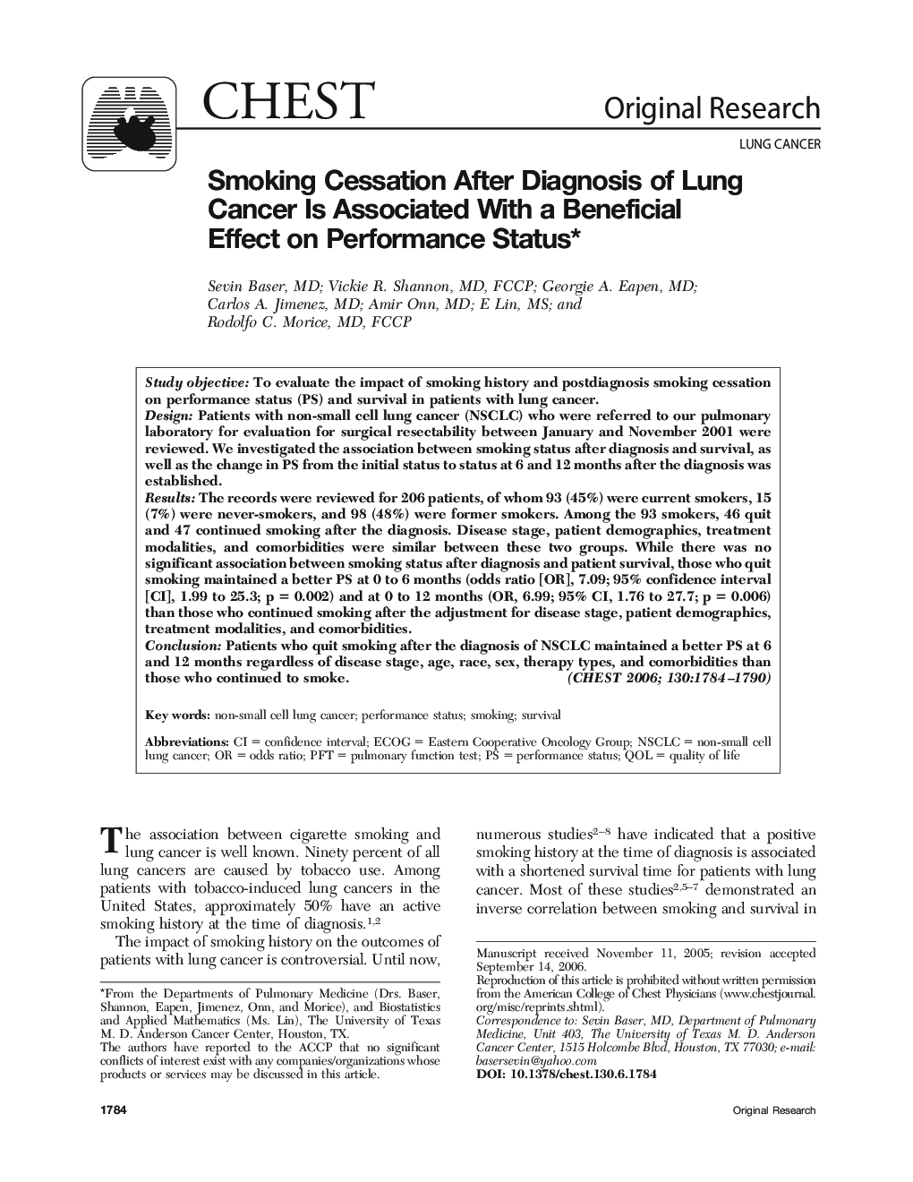 Smoking Cessation After Diagnosis of Lung Cancer Is Associated With a Beneficial Effect on Performance Status 