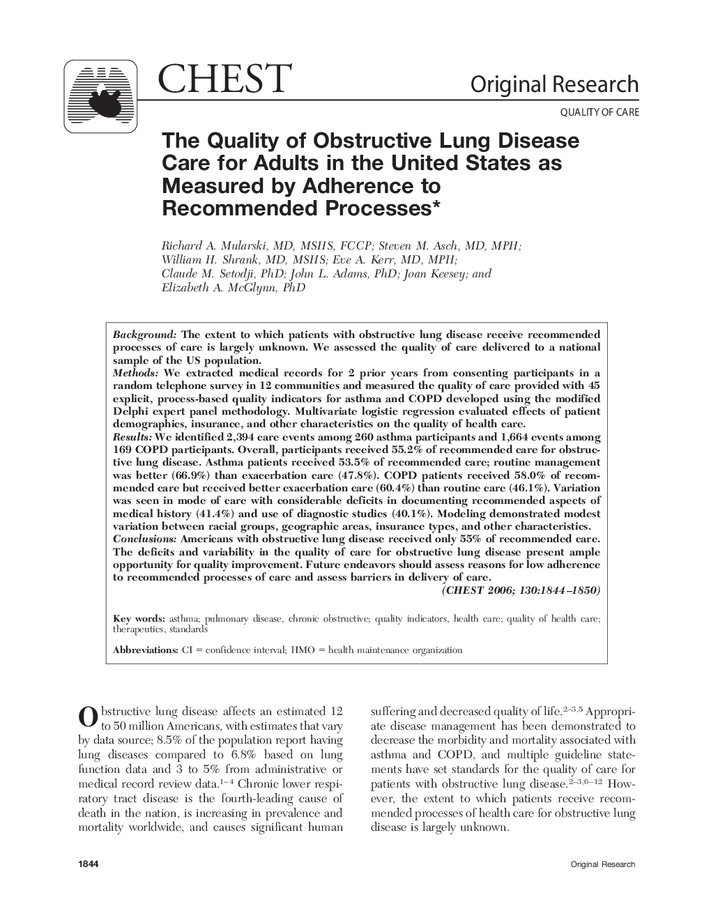 The Quality of Obstructive Lung Disease Care for Adults in the United States as Measured by Adherence to Recommended Processes 