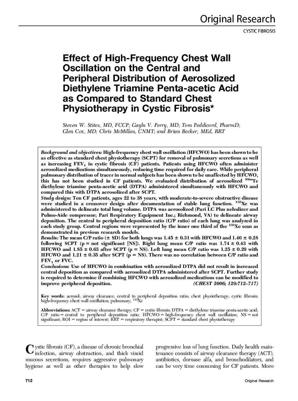 Effect of High-Frequency Chest Wall Oscillation on the Central and Peripheral Distribution of Aerosolized Diethylene Triamine Penta-acetic Acid as Compared to Standard Chest Physiotherapy in Cystic Fibrosis 