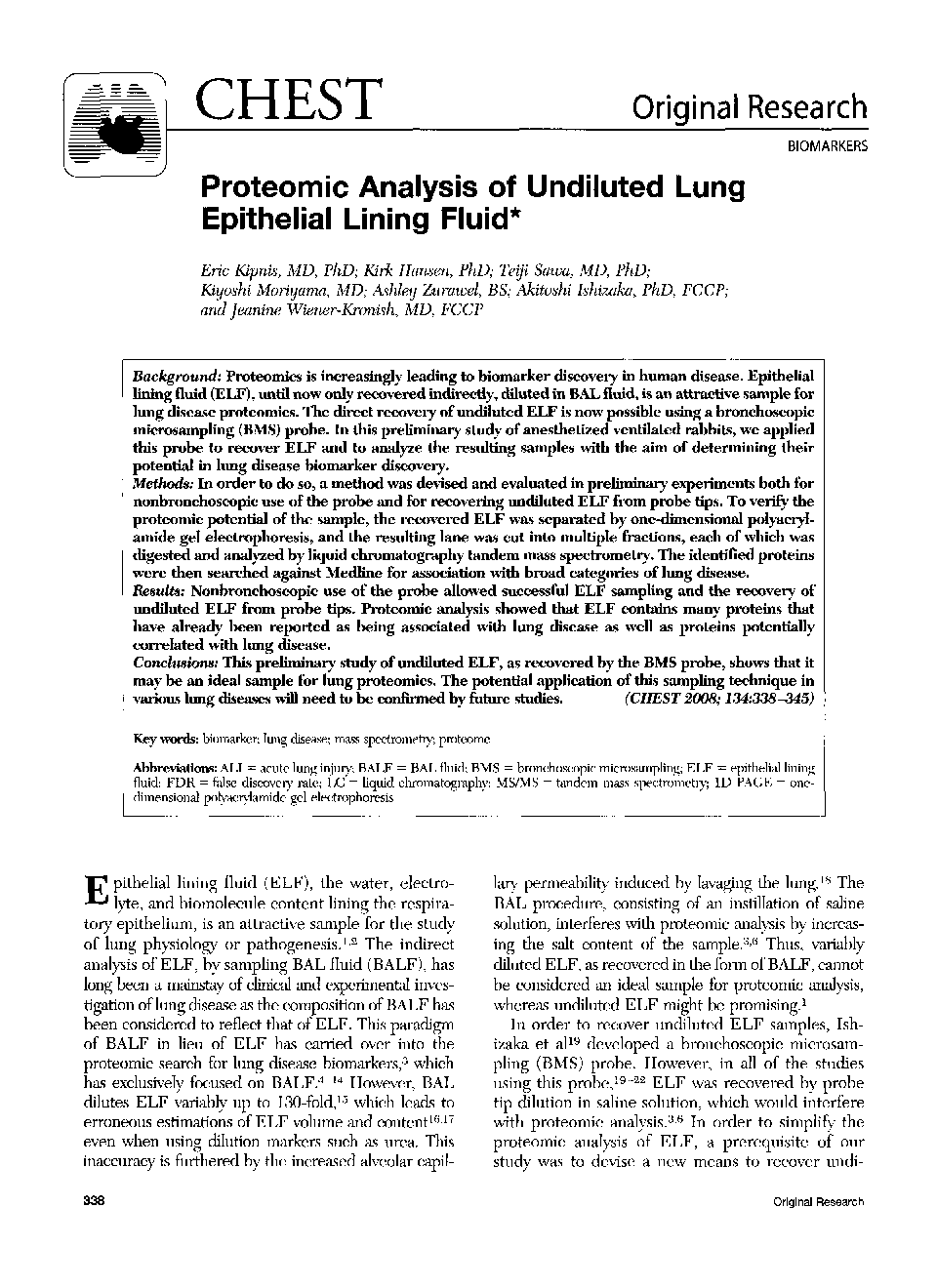 Proteomic Analysis of Undiluted Lung Epithelial Lining Fluid