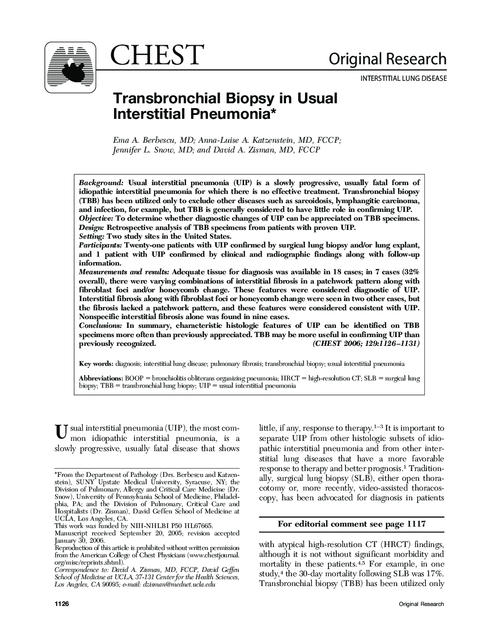 Transbronchial Biopsy in Usual Interstitial Pneumonia 