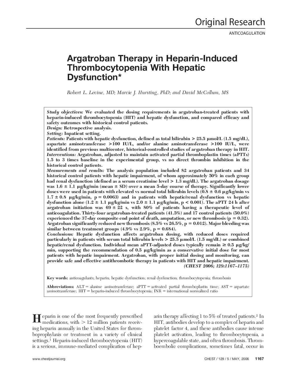 Argatroban Therapy in Heparin-Induced Thrombocytopenia With Hepatic Dysfunction 