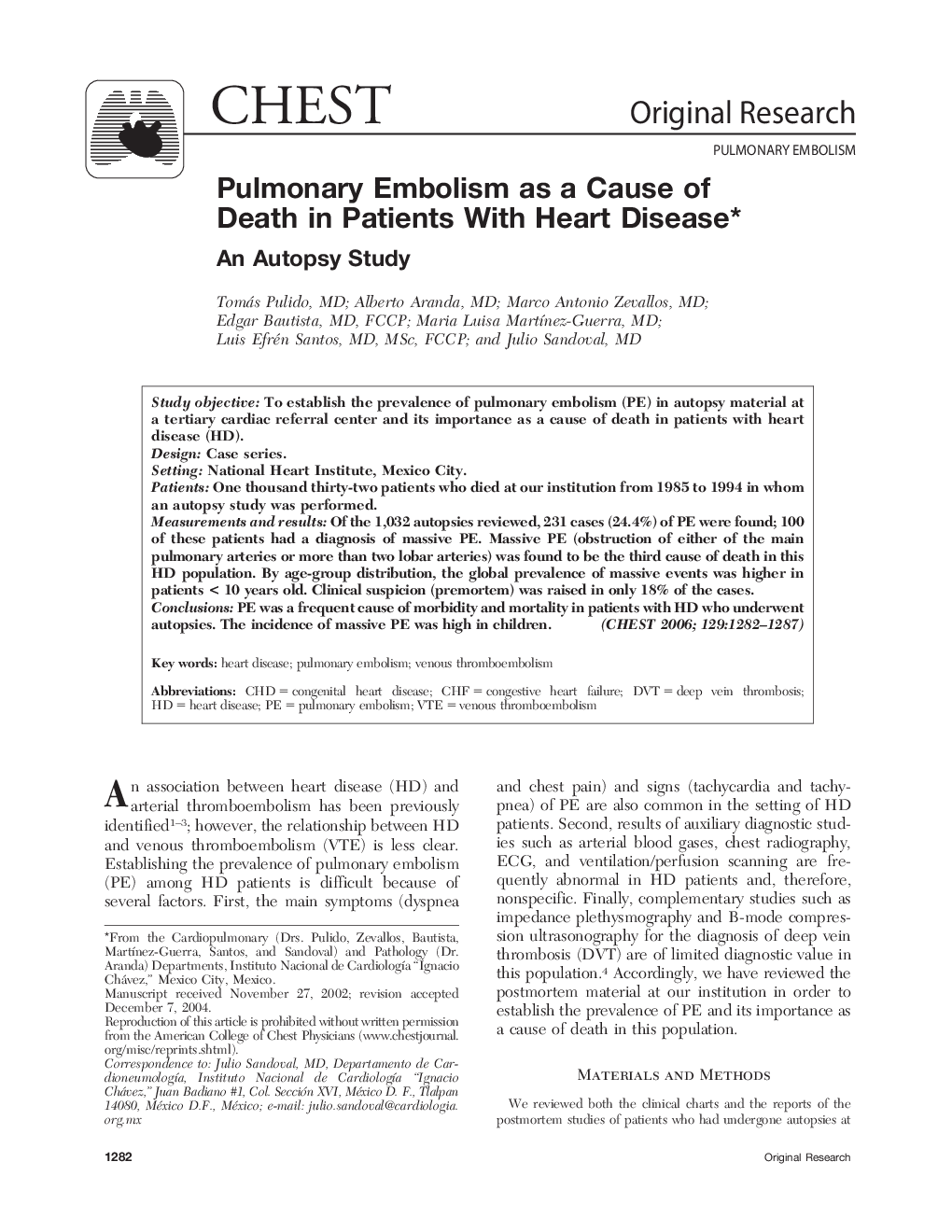 Pulmonary Embolism as a Cause of Death in Patients With Heart Disease : An Autopsy Study