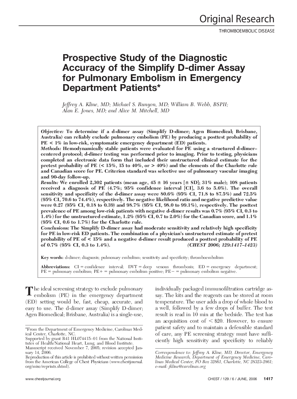 Prospective Study of the Diagnostic Accuracy of the Simplify D-dimer Assay for Pulmonary Embolism in Emergency Department Patients 