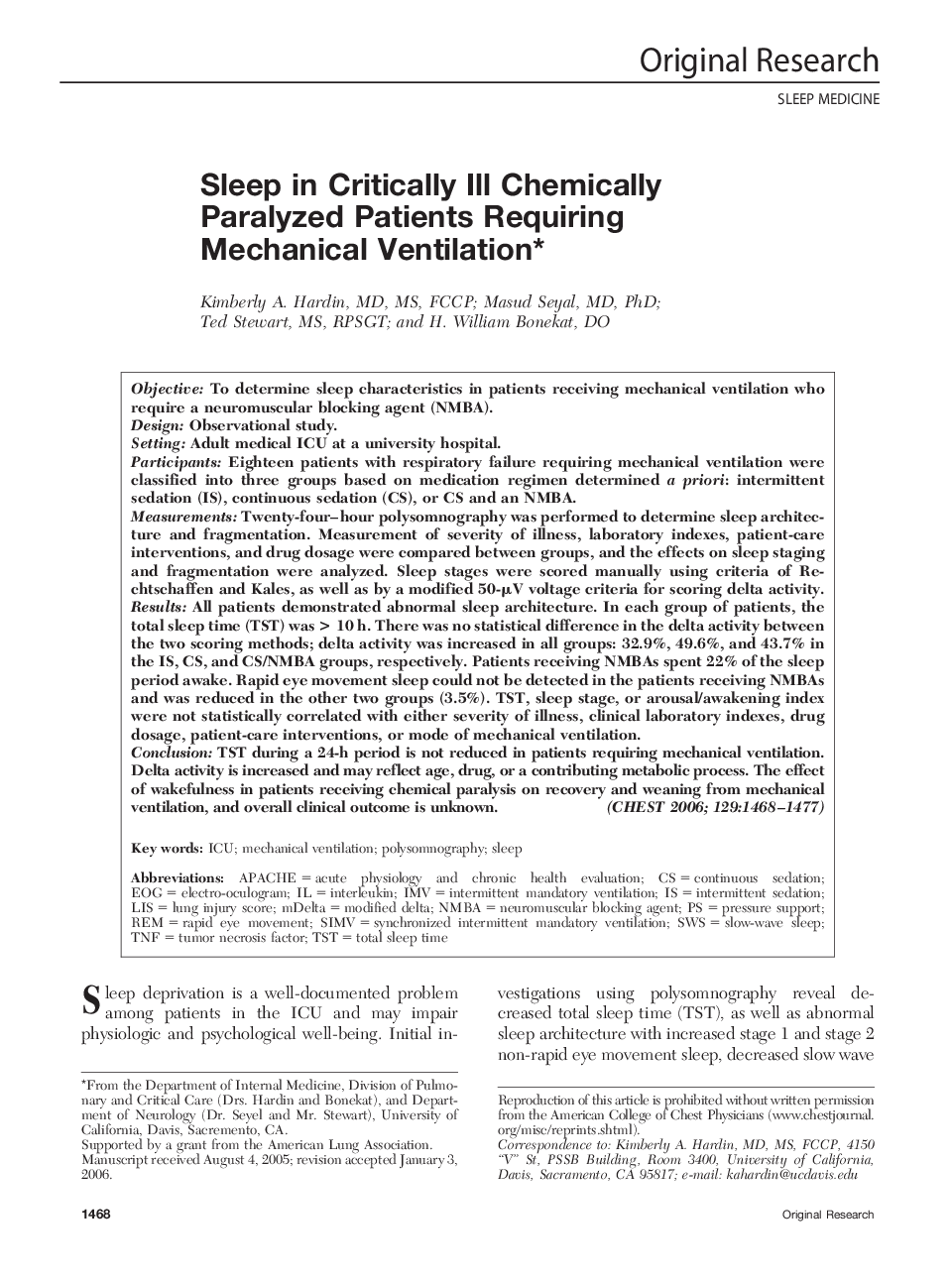 Sleep in Critically Ill Chemically Paralyzed Patients Requiring Mechanical Ventilation 