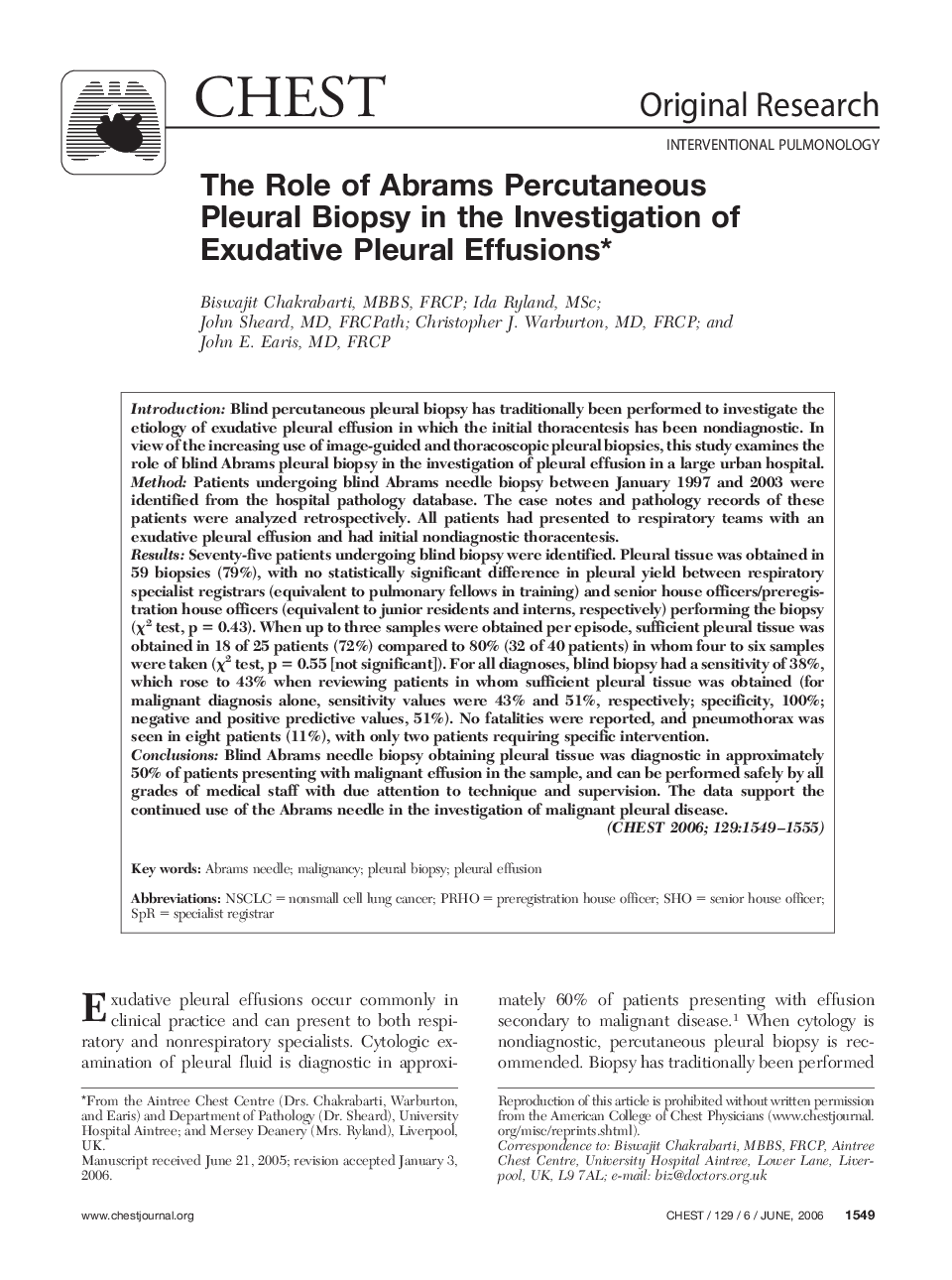 The Role of Abrams Percutaneous Pleural Biopsy in the Investigation of Exudative Pleural Effusions 