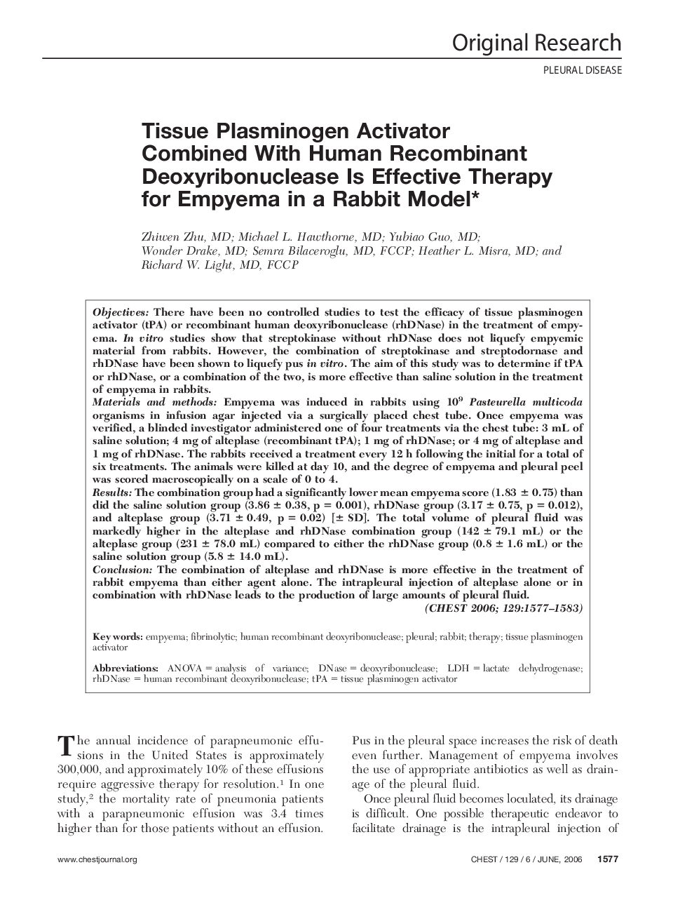 Tissue Plasminogen Activator Combined With Human Recombinant Deoxyribonuclease Is Effective Therapy for Empyema in a Rabbit Model 