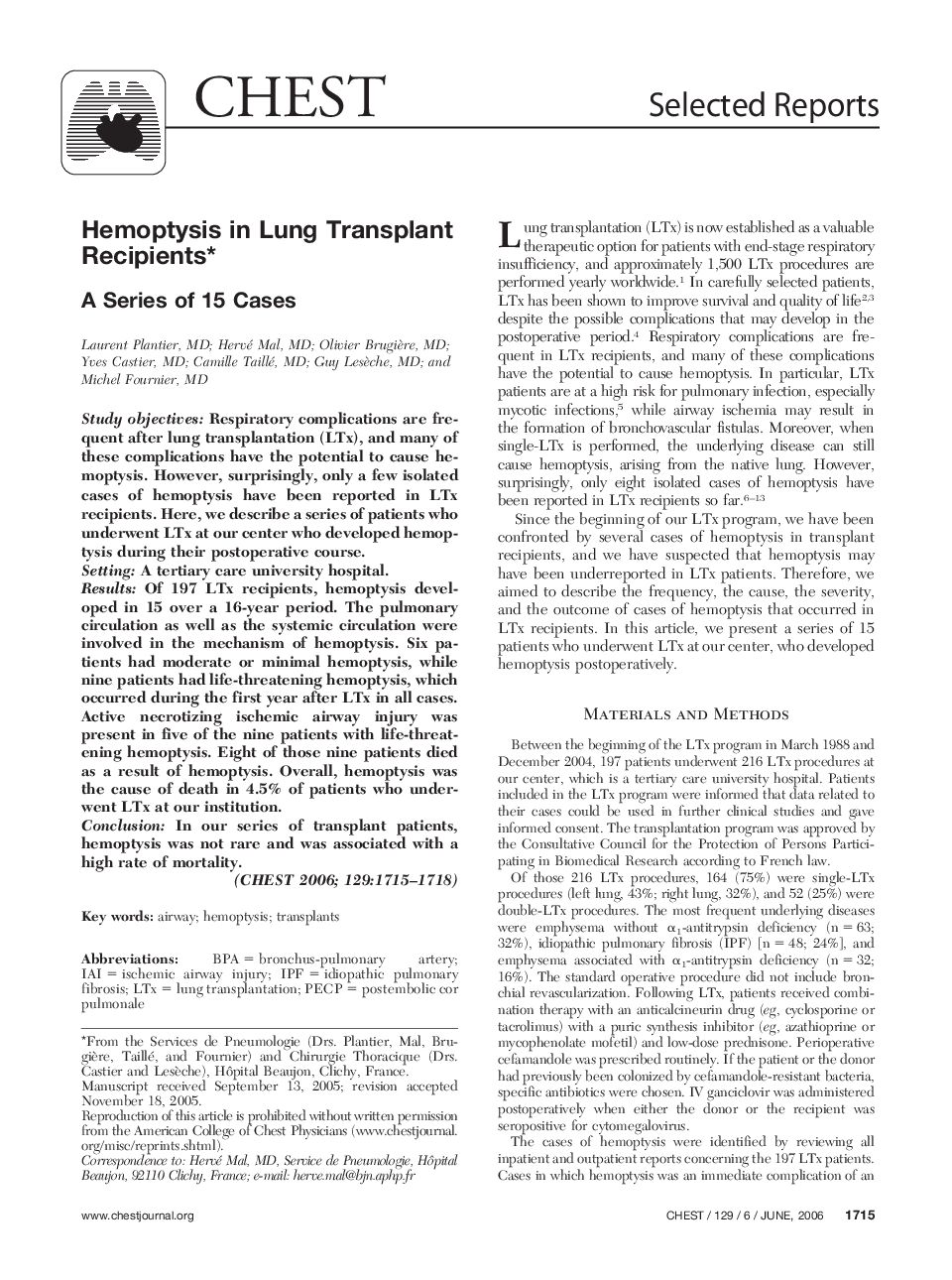 Hemoptysis in Lung Transplant Recipients : A Series of 15 Cases