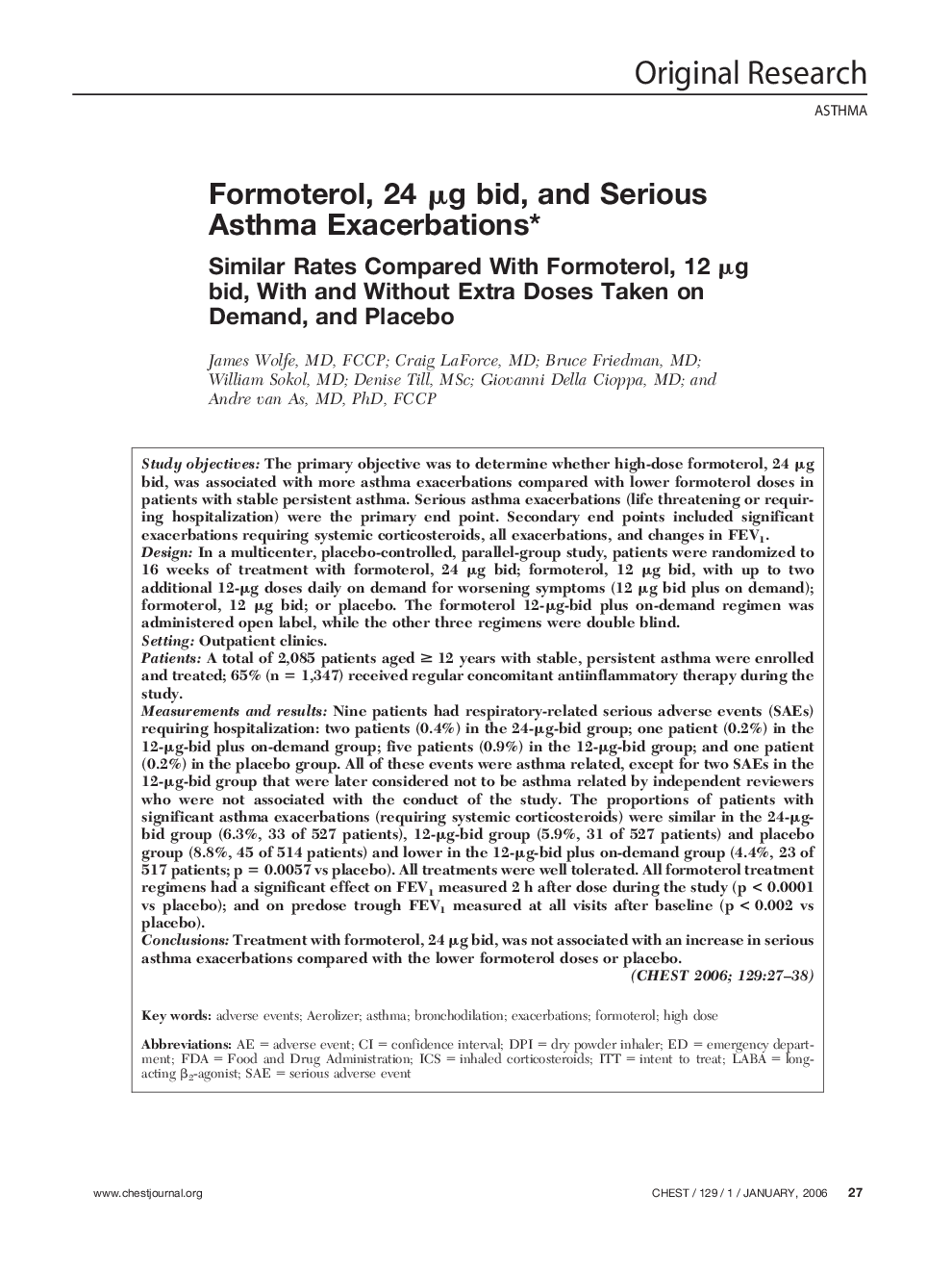 Formoterol, 24 μg bid, and Serious Asthma Exacerbations : Similar Rates Compared With Formoterol, 12 μg bid, With and Without Extra Doses Taken on Demand, and Placebo