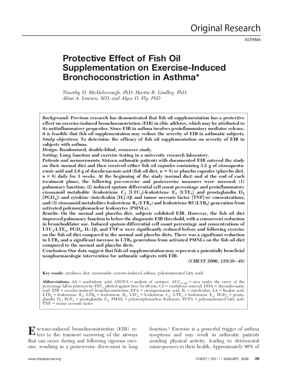 Protective Effect of Fish Oil Supplementation on Exercise-Induced Bronchoconstriction in Asthma 
