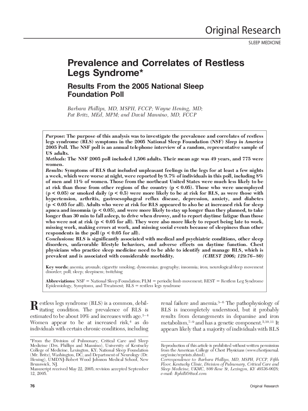 Prevalence and Correlates of Restless Legs Syndrome : Results From the 2005 National Sleep Foundation Poll