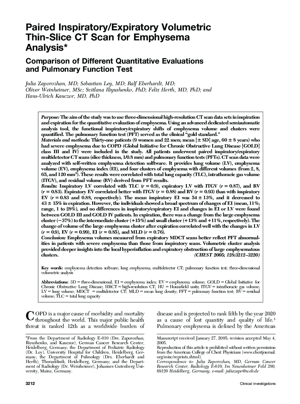 Paired Inspiratory/Expiratory Volumetric Thin-Slice CT Scan for Emphysema Analysis : Comparison of Different Quantitative Evaluations and Pulmonary Function Test