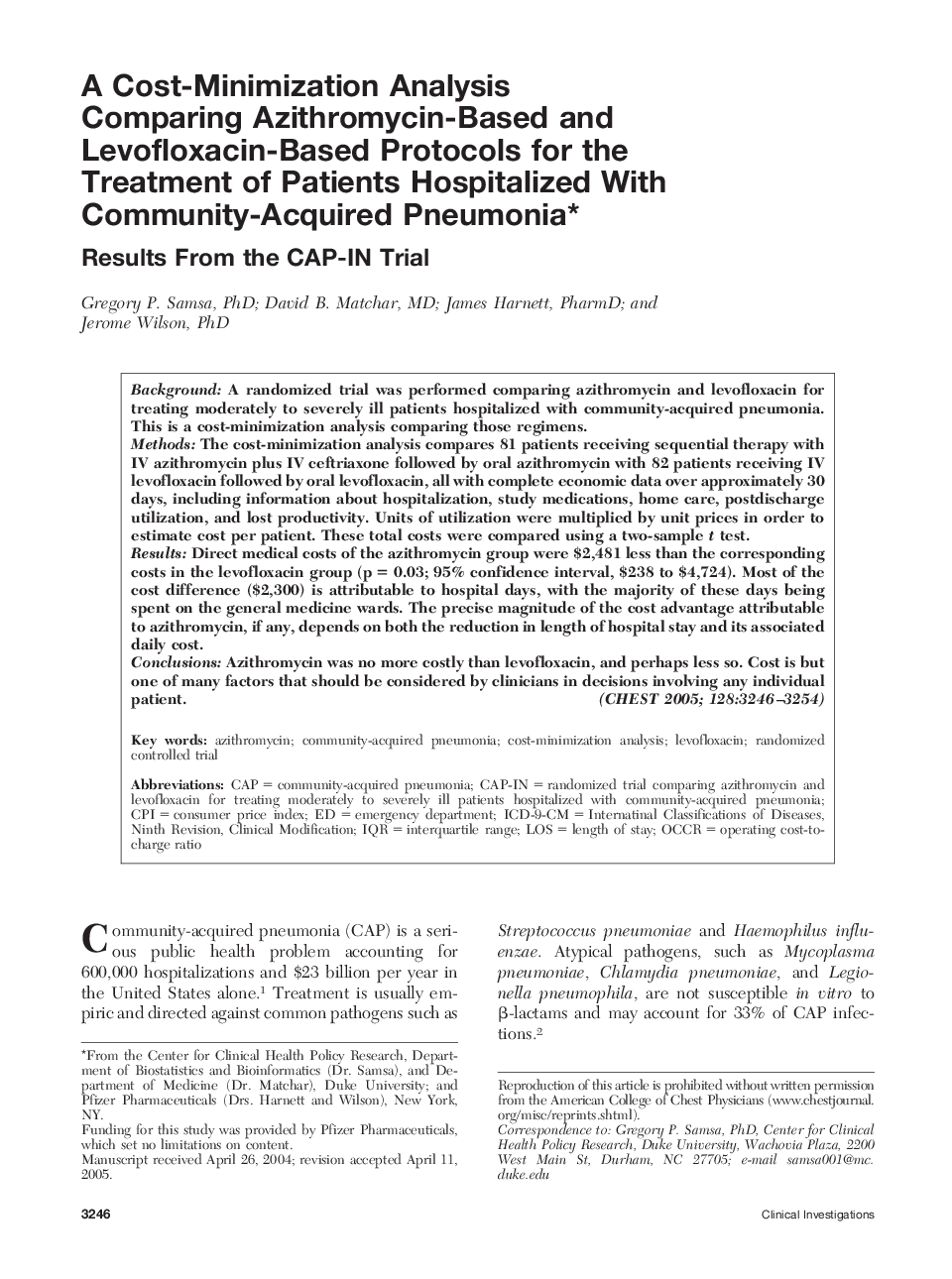 A Cost-Minimization Analysis Comparing Azithromycin-Based and Levofloxacin-Based Protocols for the Treatment of Patients Hospitalized With Community-Acquired Pneumonia : Results From the CAP-IN Trial