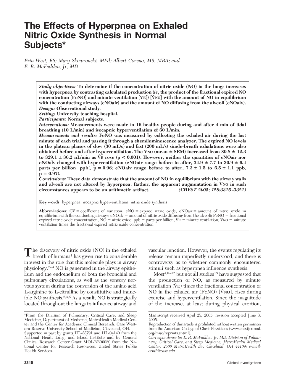 The Effects of Hyperpnea on Exhaled Nitric Oxide Synthesis in Normal Subjects 