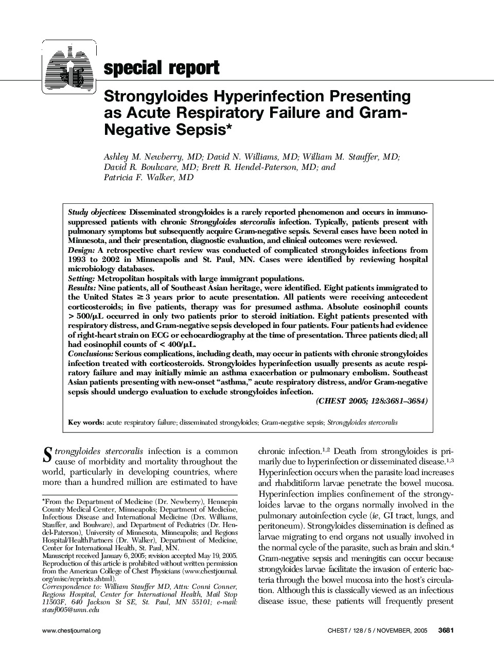 Strongyloides Hyperinfection Presenting as Acute Respiratory Failure and Gram-Negative Sepsis
