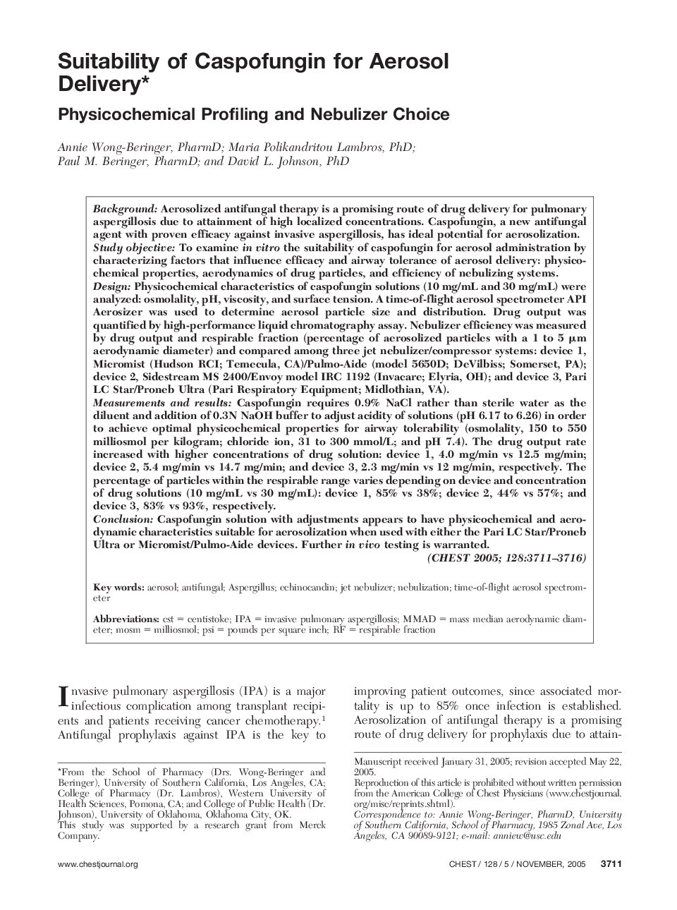 Suitability of Caspofungin for Aerosol Delivery : Physicochemical Profiling and Nebulizer Choice