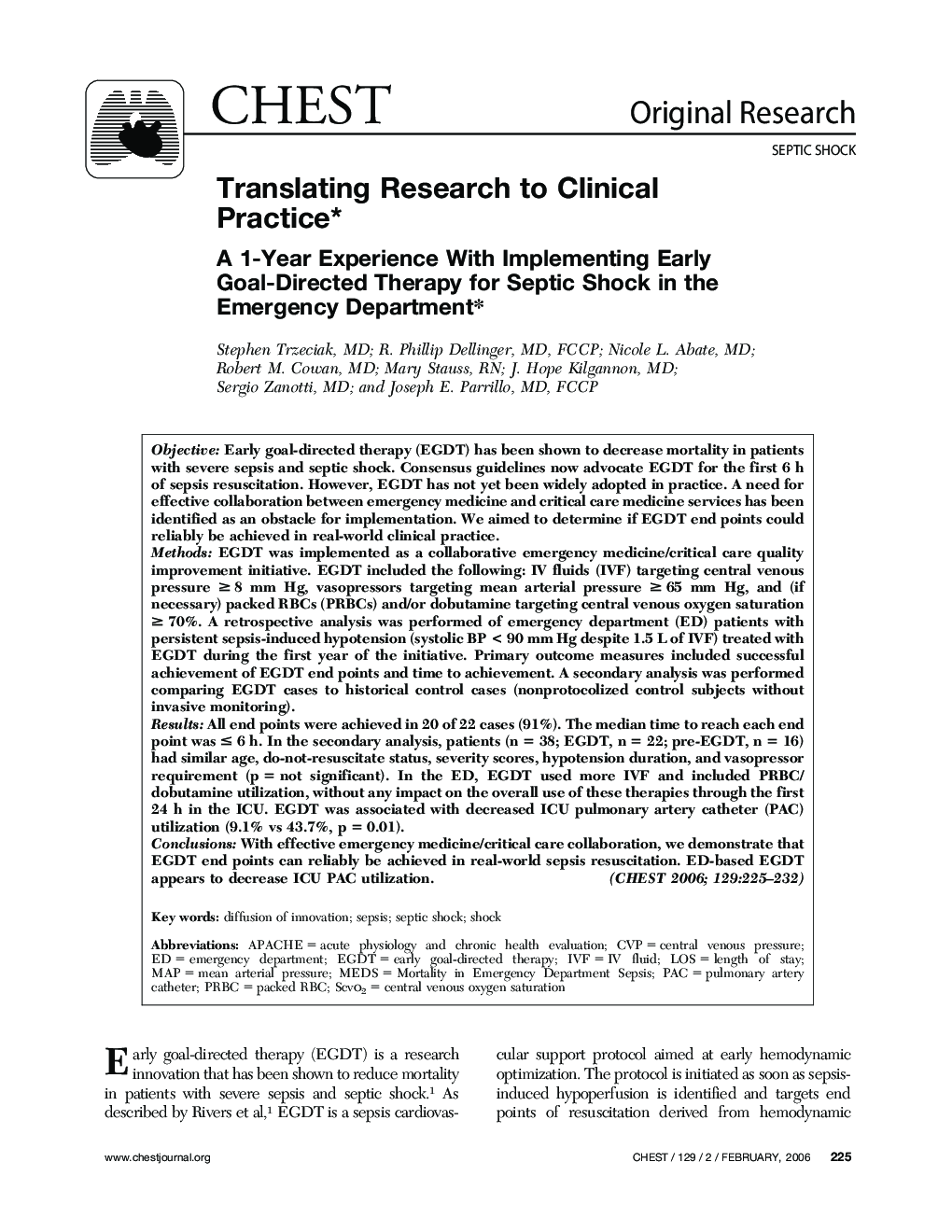 Translating Research to Clinical Practice : A 1-Year Experience With Implementing Early Goal-Directed Therapy for Septic Shock in the Emergency Department