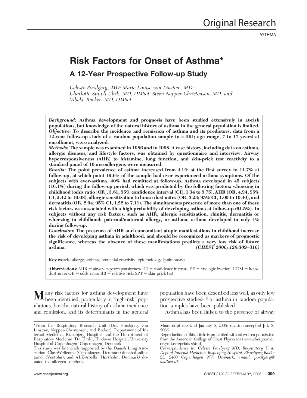 Risk Factors for Onset of Asthma : A 12-Year Prospective Follow-up Study